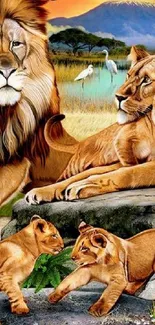 Vivid lion family on African savannah with colorful scenery.