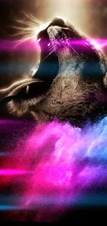 Lion roaring with vibrant splashes of pink, purple, and blue in a dynamic wallpaper.