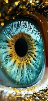 Close-up of a vibrant and colorful eye with gold glitter accents.
