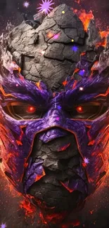 Fiery cracked stone mask with purple and orange hues on a dark background.