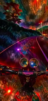 Vibrant cosmic landscape with motorcycle.