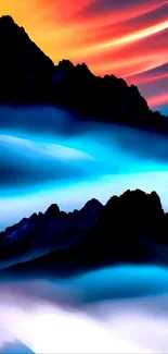 Vivid mountain landscape with gradient sky in blue and orange hues.