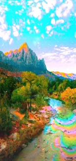 Vibrant mountain landscape with a colorful sky, serene river, and lush greenery.