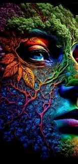 Vivid surreal face artwork with vibrant foliage.