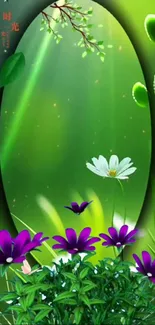 Lush green nature wallpaper with purple and white flowers.