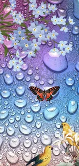 Colorful phone wallpaper with flowers, raindrops, and butterfly.