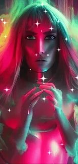 Neon abstract portrait with vibrant colors and surreal effect.