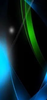 Neon abstract wallpaper with blue and green glowing curves on a dark background.