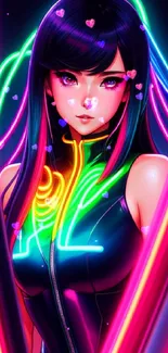 Vivid anime girl with neon lights. Perfect mobile wallpaper.