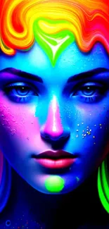 Vivid neon digital art portrait with colorful abstract face design.