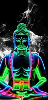 Vibrant neon Buddha art with swirling smoke on a black background.