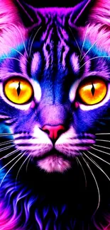 Vibrant neon cat with glowing yellow eyes in a striking colorful design.