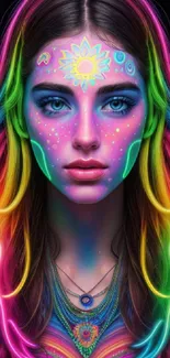 Vibrant neon fantasy portrait with colorful hues and psychedelic design.