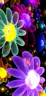 Vibrant neon floral wallpaper with glowing colors.