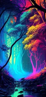 Vibrant neon forest wallpaper with rich, colorful trees and ethereal glow.