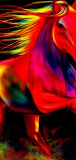 Vibrant neon horse with rainbow colors on dark wallpaper.