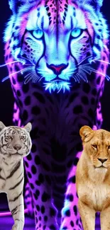 Neon-themed artwork featuring a trio of vibrant wild cats in a jungle scene.