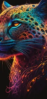 Vibrant neon leopard digital art wallpaper with intricate details.