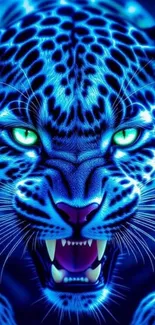 Bright neon blue leopard with glowing green eyes