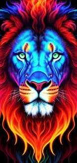 Vivid neon lion art with fiery mane on a dark background.