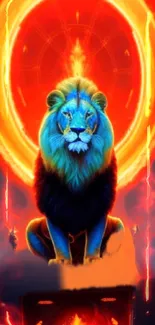 Neon lion with a vibrant aura against a fiery background.