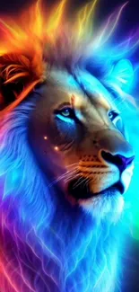 Vibrant neon lion with rainbow mane in digital art style.