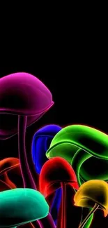 Vivid neon mushrooms against black background