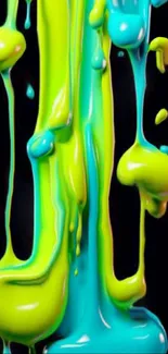 Vibrant green and blue paint splashes on black background.