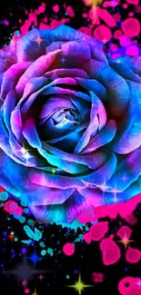 Vivid neon rose with splatter effect on black background.