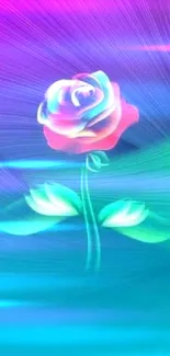 Vibrant neon rose with colorful gradient on mobile wallpaper.