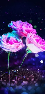 Vivid neon roses with a mystical glow on a dark background.