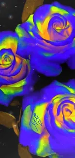 Bright neon roses with blue and yellow hues on a dark background.