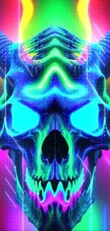 Neon skull with vibrant colors on a mobile wallpaper background.