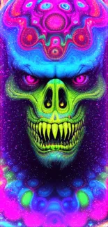 Vibrant neon skull wallpaper with psychedelic colors for mobile phone.