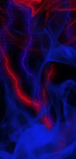 Electric blue and red neon smoke abstract wallpaper with swirling forms.