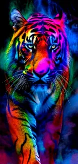 Vivid neon-colored tiger on a dark background.