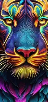 Vivid neon tiger artwork with intricate patterns on a mobile wallpaper.
