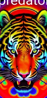 Vivid neon tiger with psychedelic colors on mobile wallpaper.