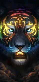 Majestic neon tiger with glowing eyes on dark background.