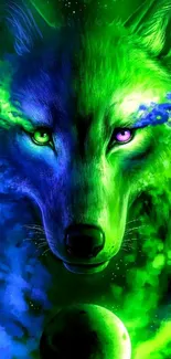 Vibrant neon wolf with green and blue hues in a stunning digital art design.