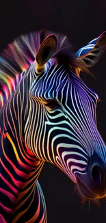 Neon rainbow zebra on dark background mobile wallpaper.