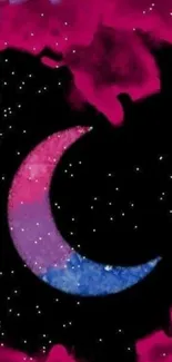 Vibrant crescent moon on a pink cosmic night sky wallpaper.