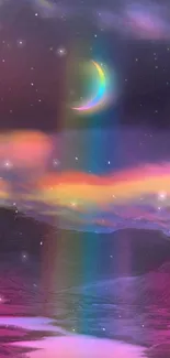 Magical nightscape with rainbow and crescent moon.