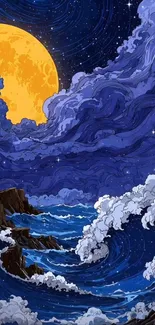 Vivid illustration of moonlit ocean under a starry sky.