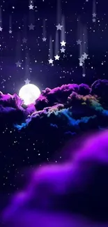 Vivid night sky with moon and colorful clouds, perfect for mobile wallpaper.