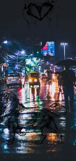 Colorful neon-lit night street with lion art.