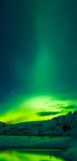 Vivid green Northern Lights over a snowy landscape with starry sky.