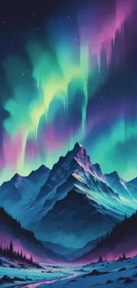 Vivid Northern Lights over mountains wallpaper with colorful sky.