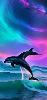 Dolphins leap under a vibrant aurora sky.