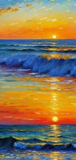 Vibrant sunset painting with ocean waves reflecting the bright orange hues.